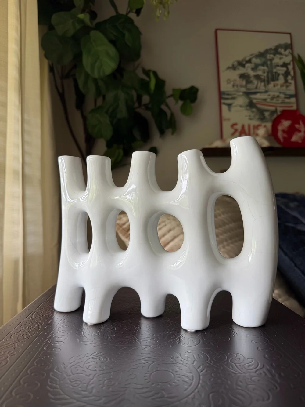 VTG Postmodern White Ceramic Biomorphic Ikebana Vase Sculptural Openwork Pottery